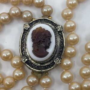 Vintage 50s Germany Necklace Ornate Cameo Clasp Faux Pearls & Case